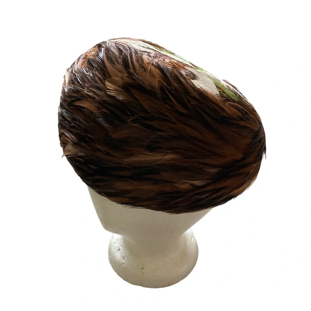Pheasant Feather Pillbox Hat Union Made in USA Wire Support Felt Vintage Classic - Picture 3 of 7